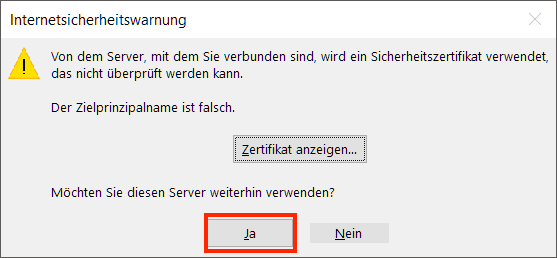 Zertifikatswarnung zum Servernamen