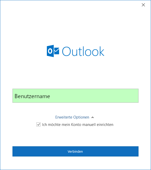 Outlook-Startfenster mit E-Mail-Adresse und Erweiterten Optionen