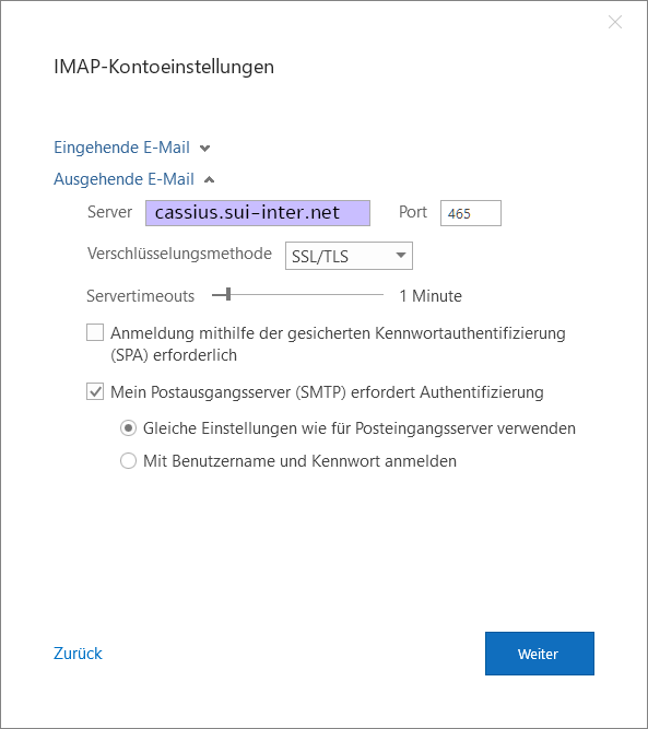 Einstellungen des Postausgangsservers