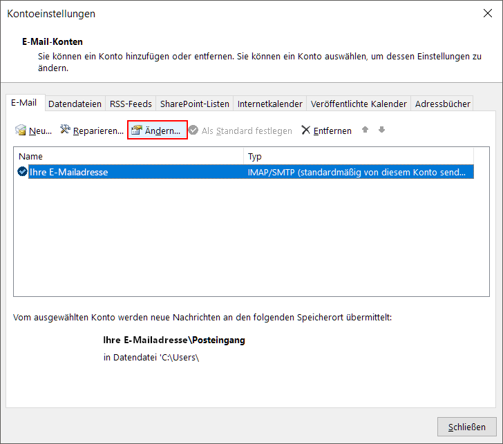 Kontoeinstellungen mit der Schaltfläche Ändern