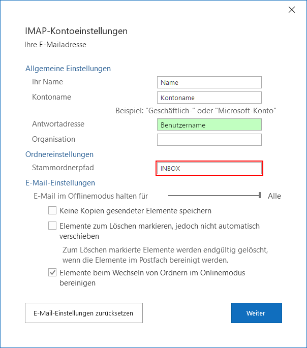 Feld Stammordnerpfad mit dem Wert INBOX