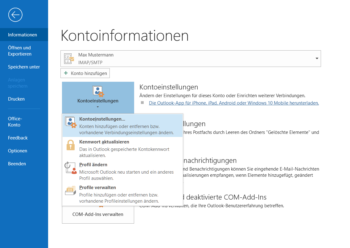 Menü Datei mit dem Eintrag Kontoeinstellungen