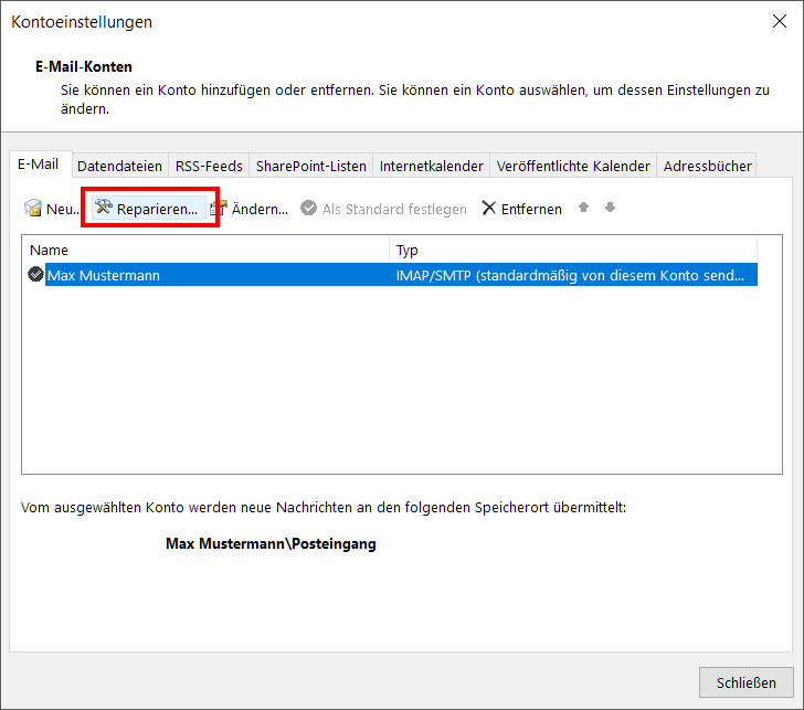 Kontoliste mit der Schaltfläche Reparieren