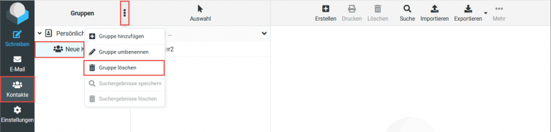 Das Menü einer Gruppe mit dem Eintrag zum Löschen