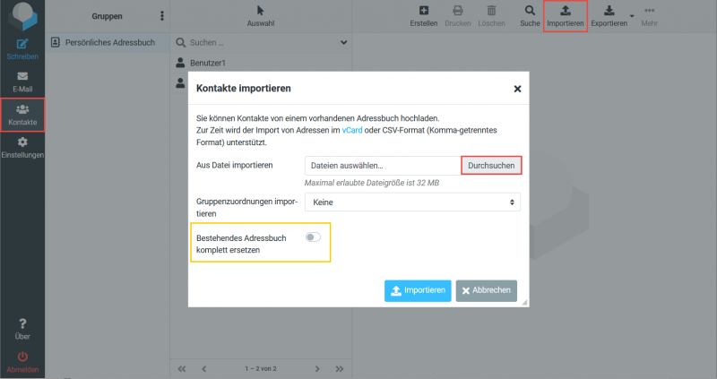 Der Importdialog des Adressbuchs mit Dateiauswahl und der Option zum Ersetzen
