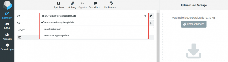 Die Liste der Identitäten in den Einstellungen