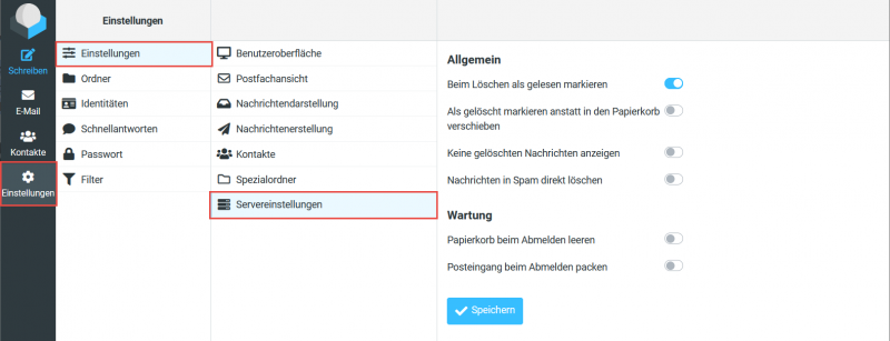 Die Server-Einstellungen mit den Optionen zum Löschen und zum Papierkorb