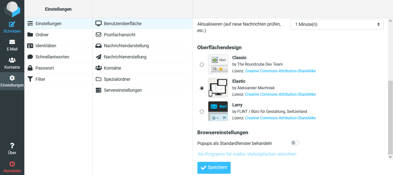 Die Einstellung Oberflächendesign mit der Auswahl zwischen Elastic, Larry und Classic