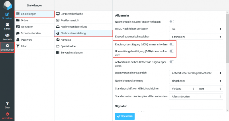 Die Haken für Empfangsbestätigung und Sendebestätigung