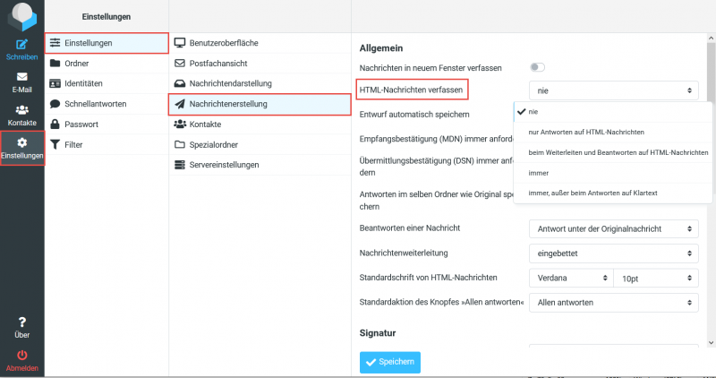 Die Einstellung HTML-Nachricht erfassen im Bereich Nachrichtenerstellung